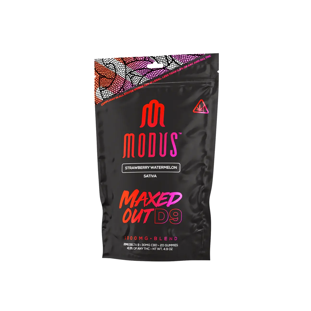Modus Maxed Out D9 gummies bag featuring Strawberry Watermelon flavor, 1000mg Delta 9 THC and CBD blend.