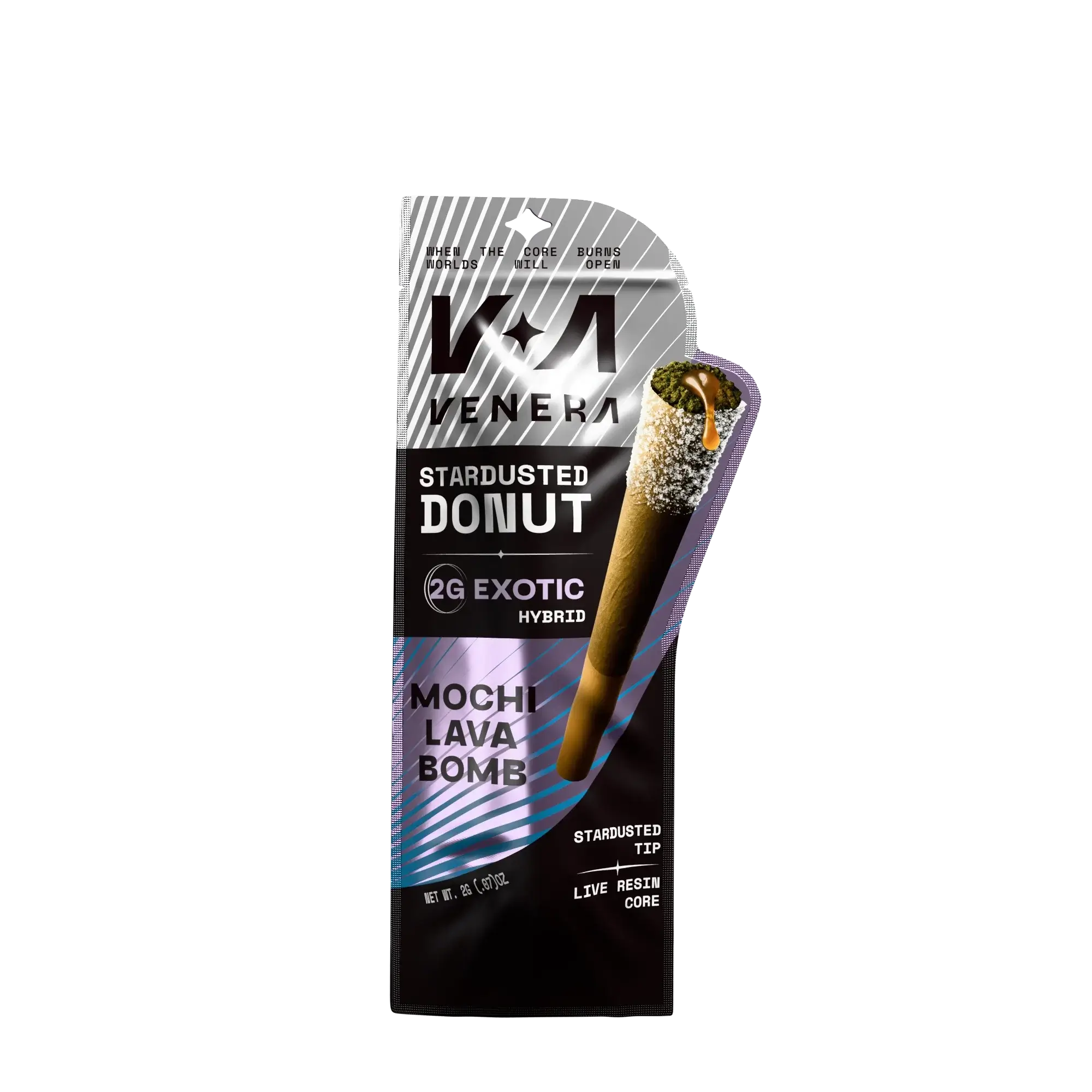 Venera Stardusted Donut Pre-roll packaging featuring Mochi Lava Bomb flavor with a unique stardusted tip.