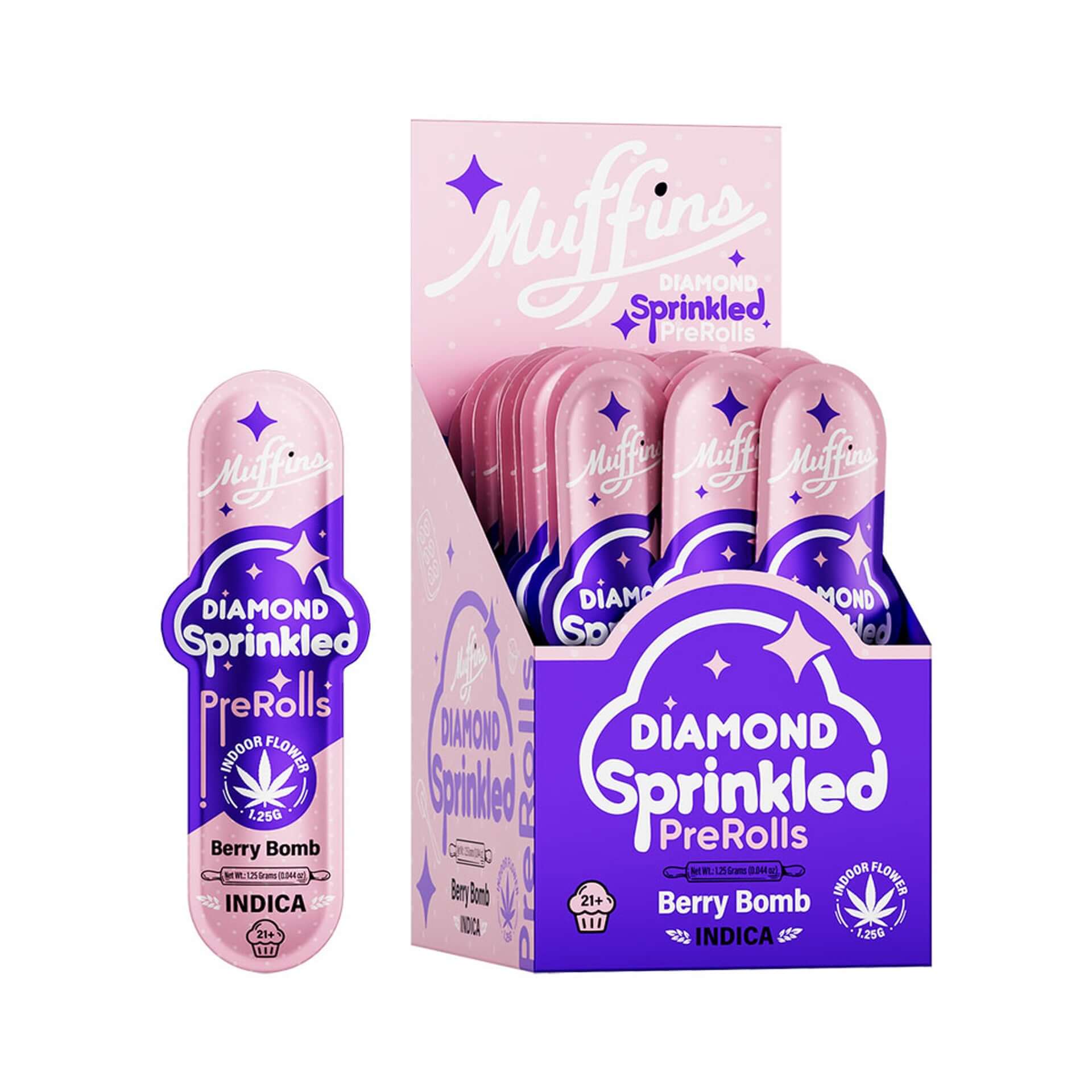Muffins Diamond Sprinkled Pre-Rolls, Berry Bomb flavor, Indica, showcasing premium THC-P infused pre-rolls in packaging.