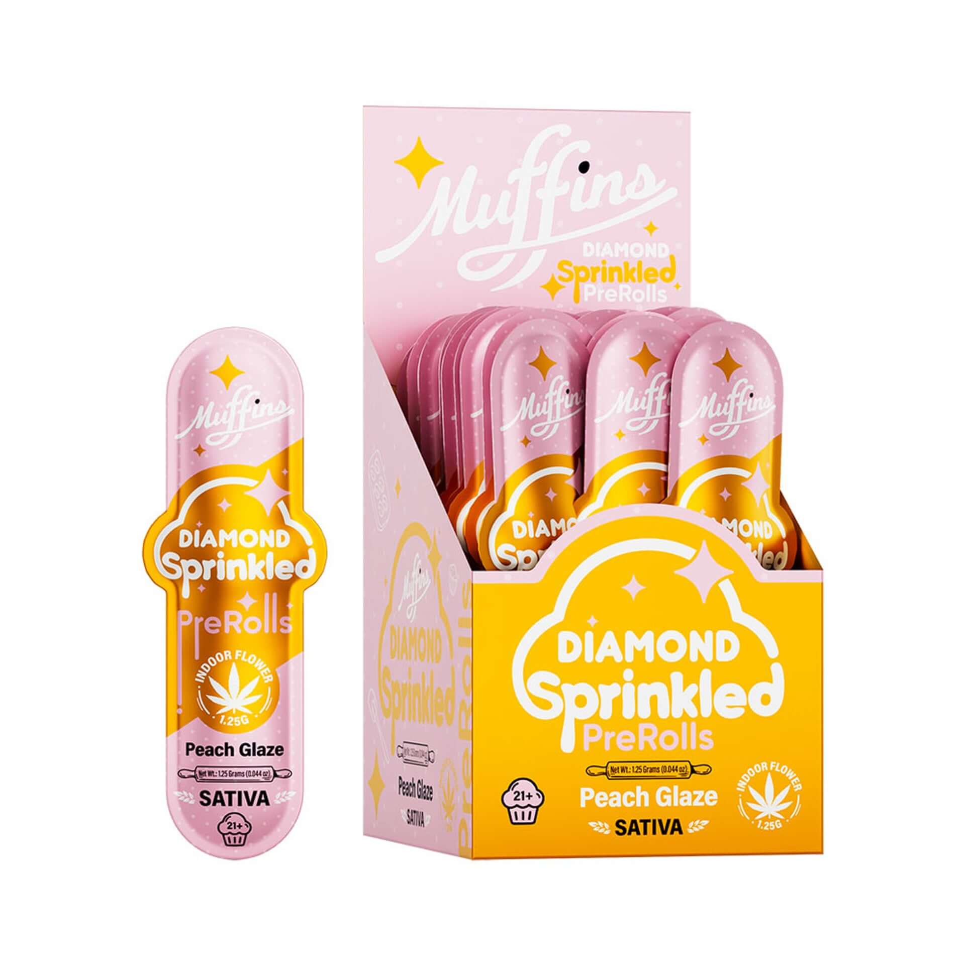 Muffins Diamond Sprinkled Pre-Rolls, Peach Glaze flavor, Sativa, showcasing premium THC-P infused pre-rolls in packaging.