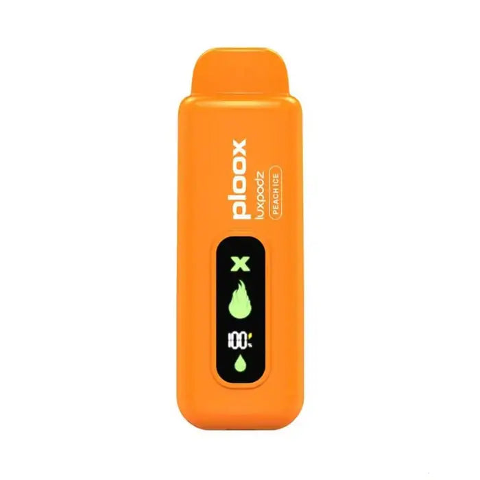 Ploox X disposable vape pod in orange with digital display, featuring 15,000 puffs capacity and rechargeable battery.