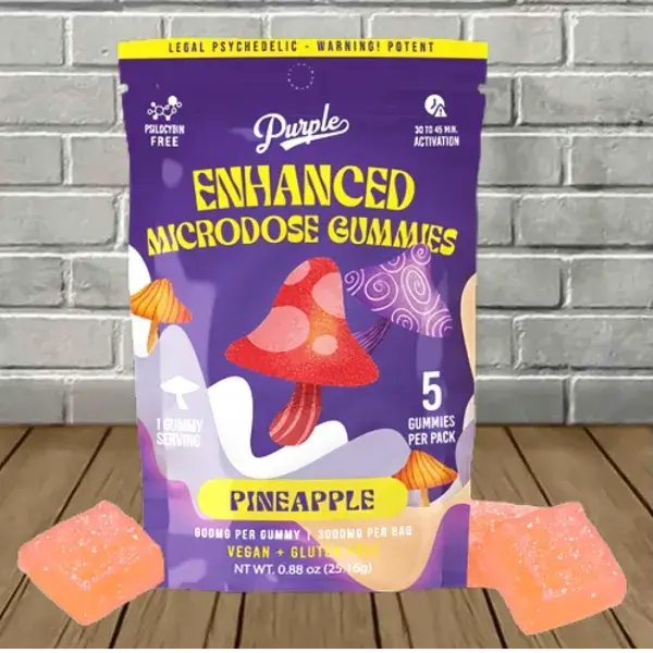 Purple Enhanced Microdose Gummies with pineapple flavor, 3000mg total, 5 gummies per pack, vegan and gluten-free.