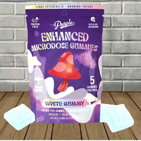 Purple Enhanced Microdose Gummies pack with mushroom design, featuring 3000mg Amanita Muscaria, vegan and gluten-free.