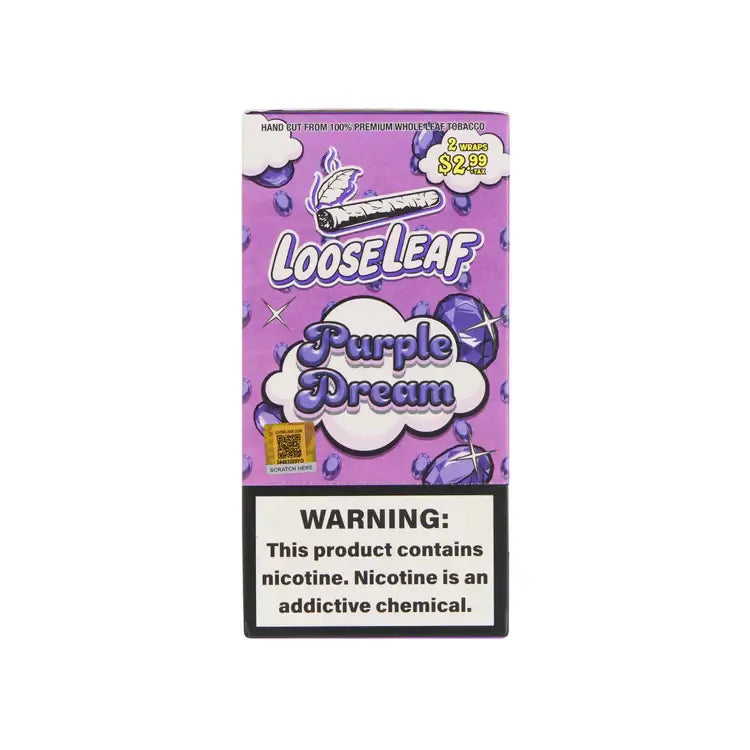 Loose Leaf Purple Dream Wraps packaging featuring warning label, premium tobacco, and pricing for 2 wraps.