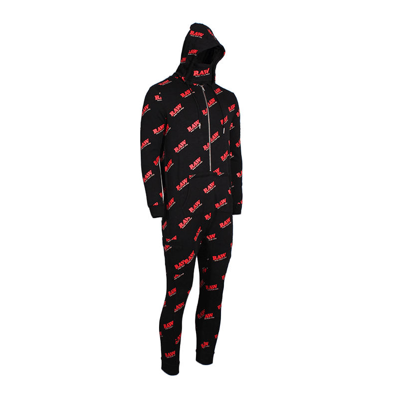 RAW Spacesuit jumpsuit in black with red logo, ideal for lounging and smoking in style.