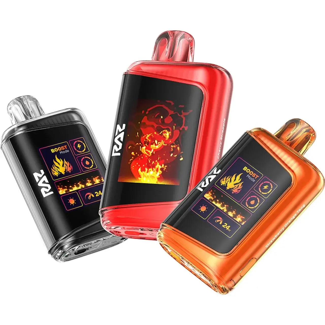 RAZ LTX Disposable Vape in black, red, and orange colors with LED display and sleek design for 25,000 puffs.