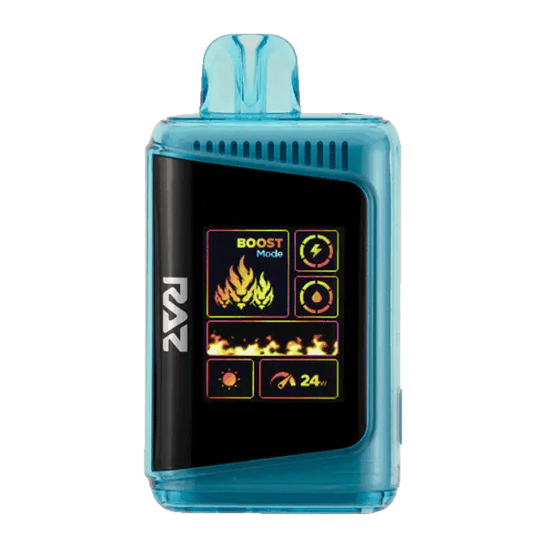 RAZ LTX25000 disposable vape with smart LED display showcasing battery and e-liquid levels, designed for 25,000 puffs.