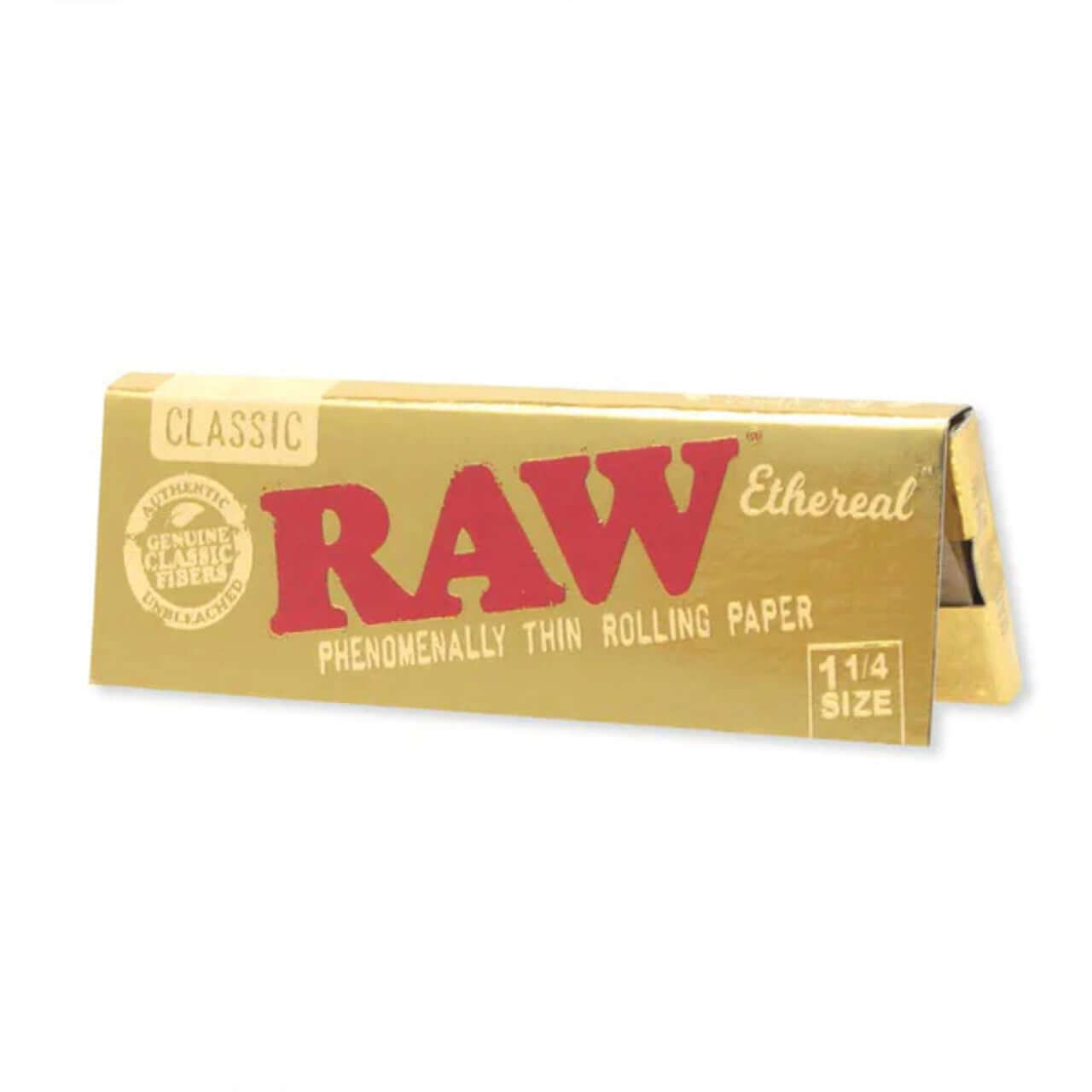RAW Ethereal Classic rolling paper packaging, 1 1/4 size, known for its thin, natural, and chemical-free design.