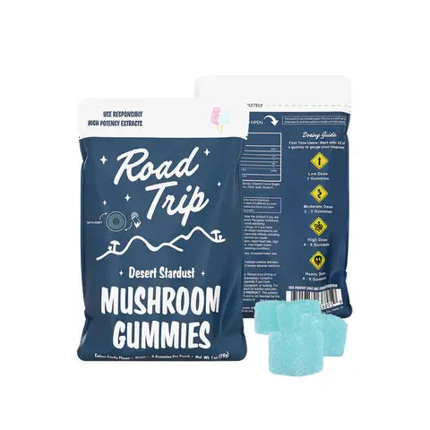 Road Trip Mushroom Gummies pack with blue raspberry gummies, promoting mental clarity and emotional balance.