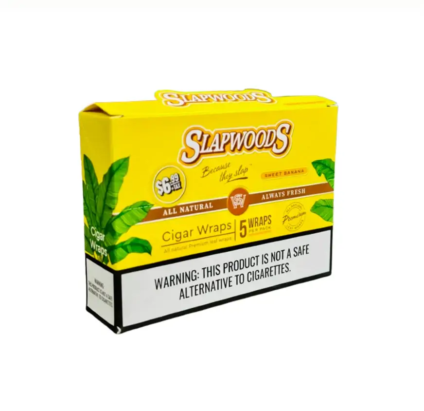 Slapwoods All Natural Leaf Cigar Wraps packaging showcasing 5 pre-rolled wraps, vibrant yellow design.