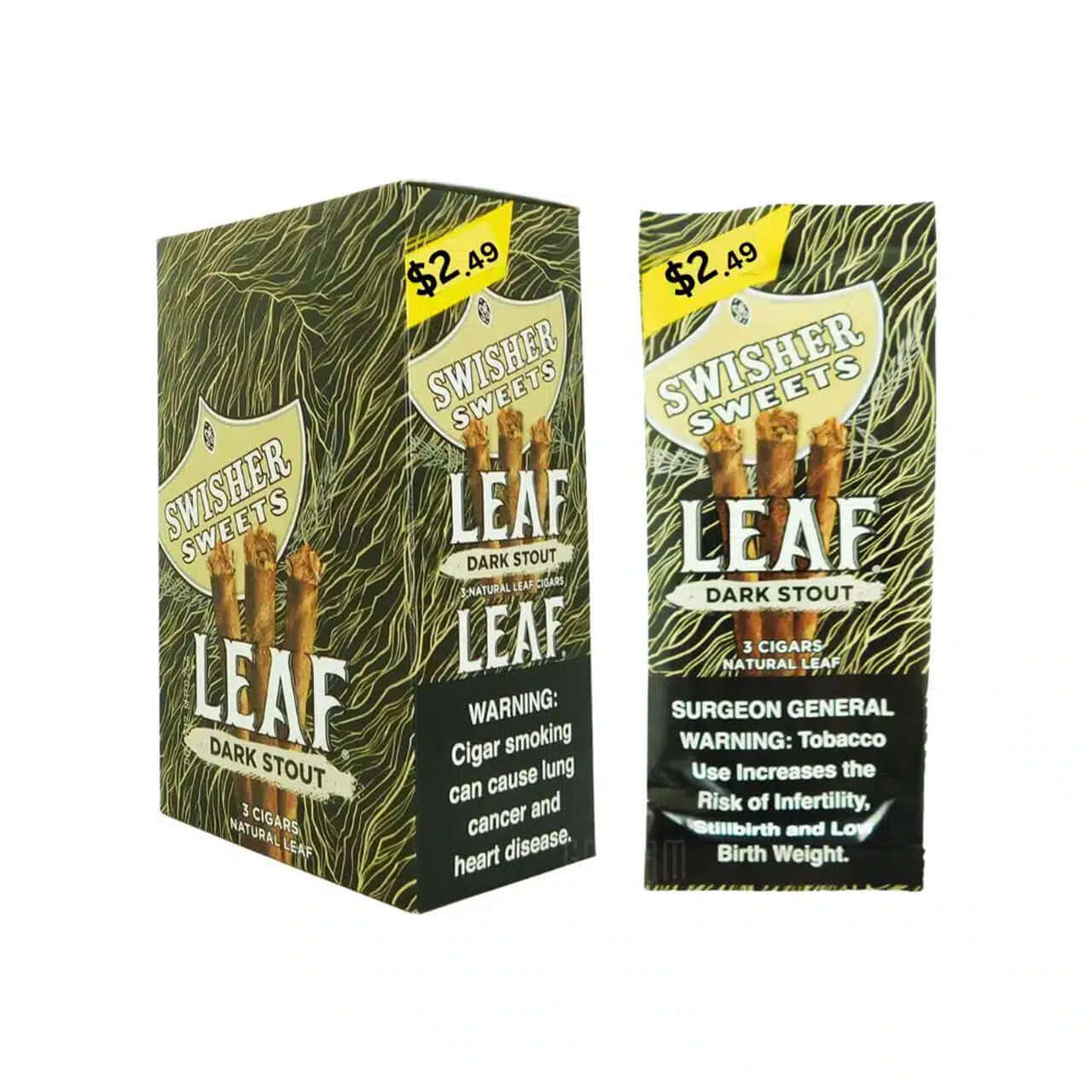Swisher Sweets Leaf Dark Stout cigars pack featuring 3 machine-made cigars priced at $2.49.