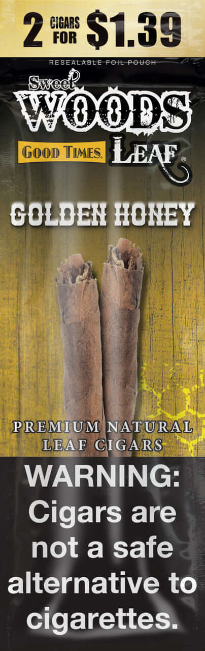 Sweet Woods Good Time Leaf cigars packaging featuring Golden Honey flavor, showcasing natural leaf wrappers.