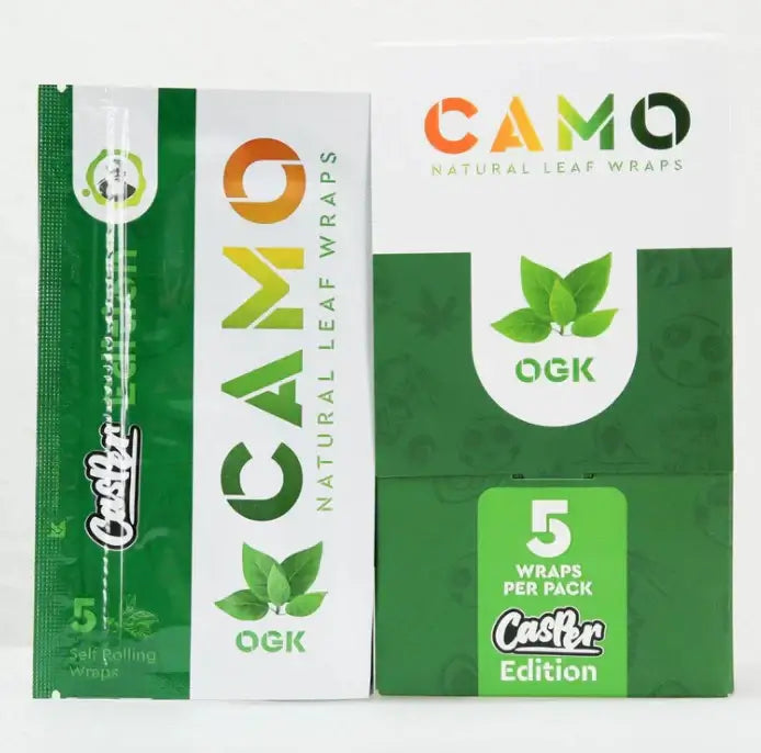 Camo Natural Leaf Wraps pack featuring 5 tobacco-free, nicotine-free wraps made from natural ingredients.