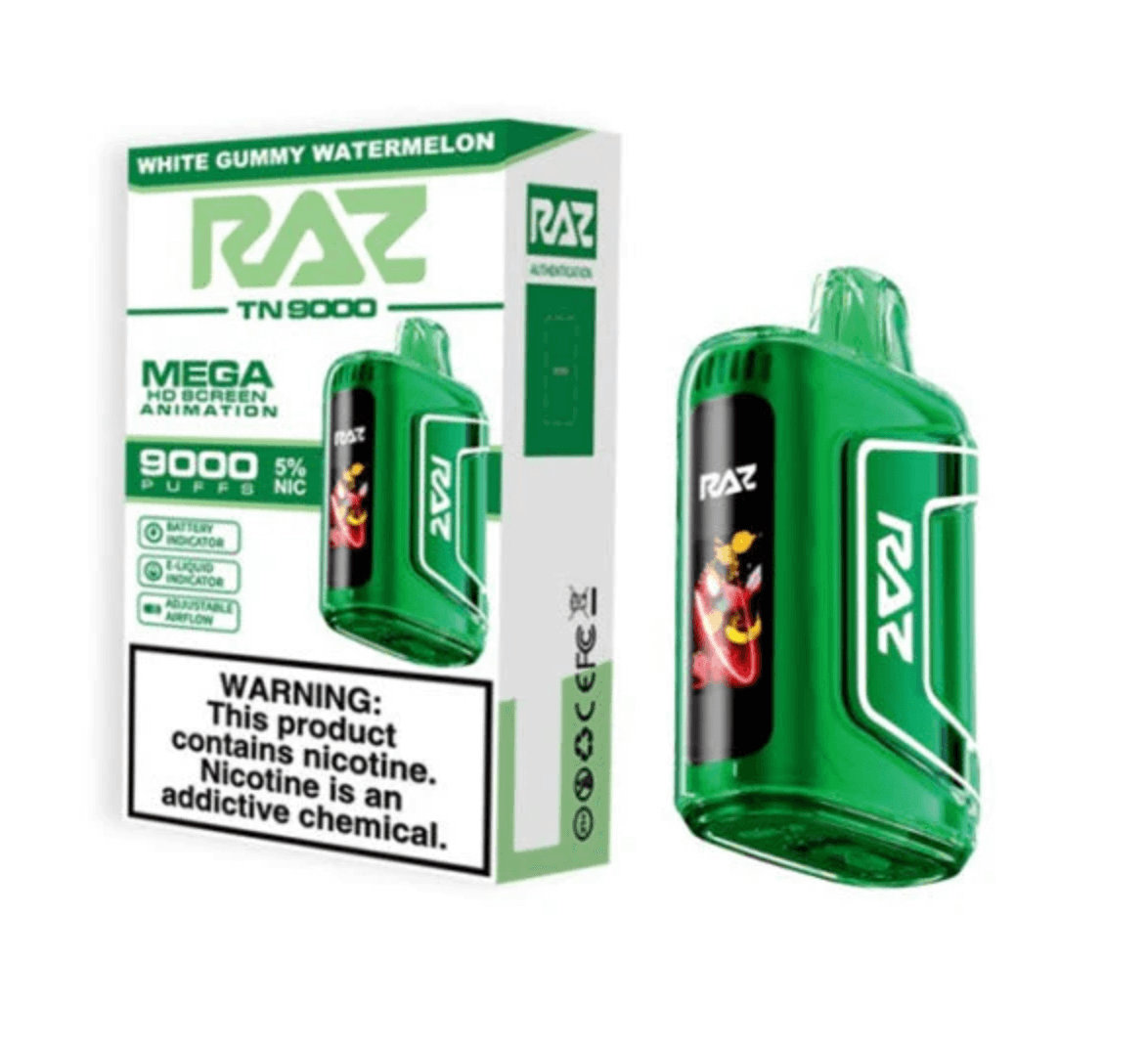 RAZ TN9000 Disposable Vape in White Gummy Watermelon flavor with 9000 puffs and 12mL e-liquid.