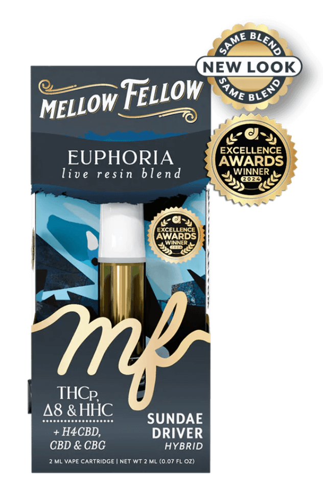 Mellow Fellow Euphoria Blend 2ml cartridge, Sundae Driver hybrid vape, award-winning live resin vape infused with HHC, CBD, and CBG.