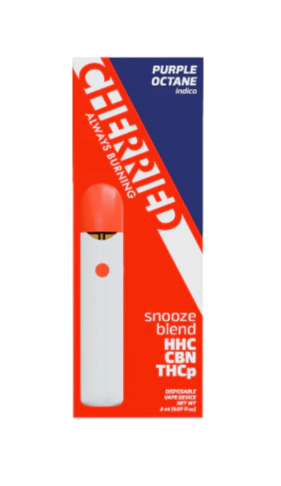 Cherried disposable vape featuring Purple Octane indica strain, containing HHC, CBN, and THC-P in a sleek design.