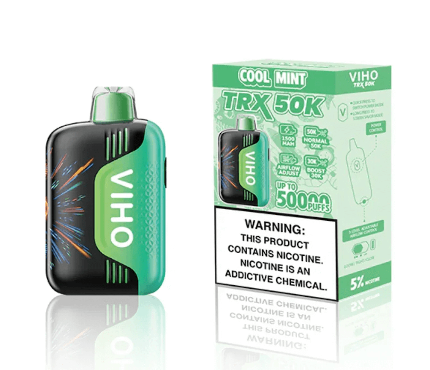 Viho TRX 50K Disposable Vape with Cool Mint flavor, offering 50,000 puffs; includes packaging warning on nicotine.