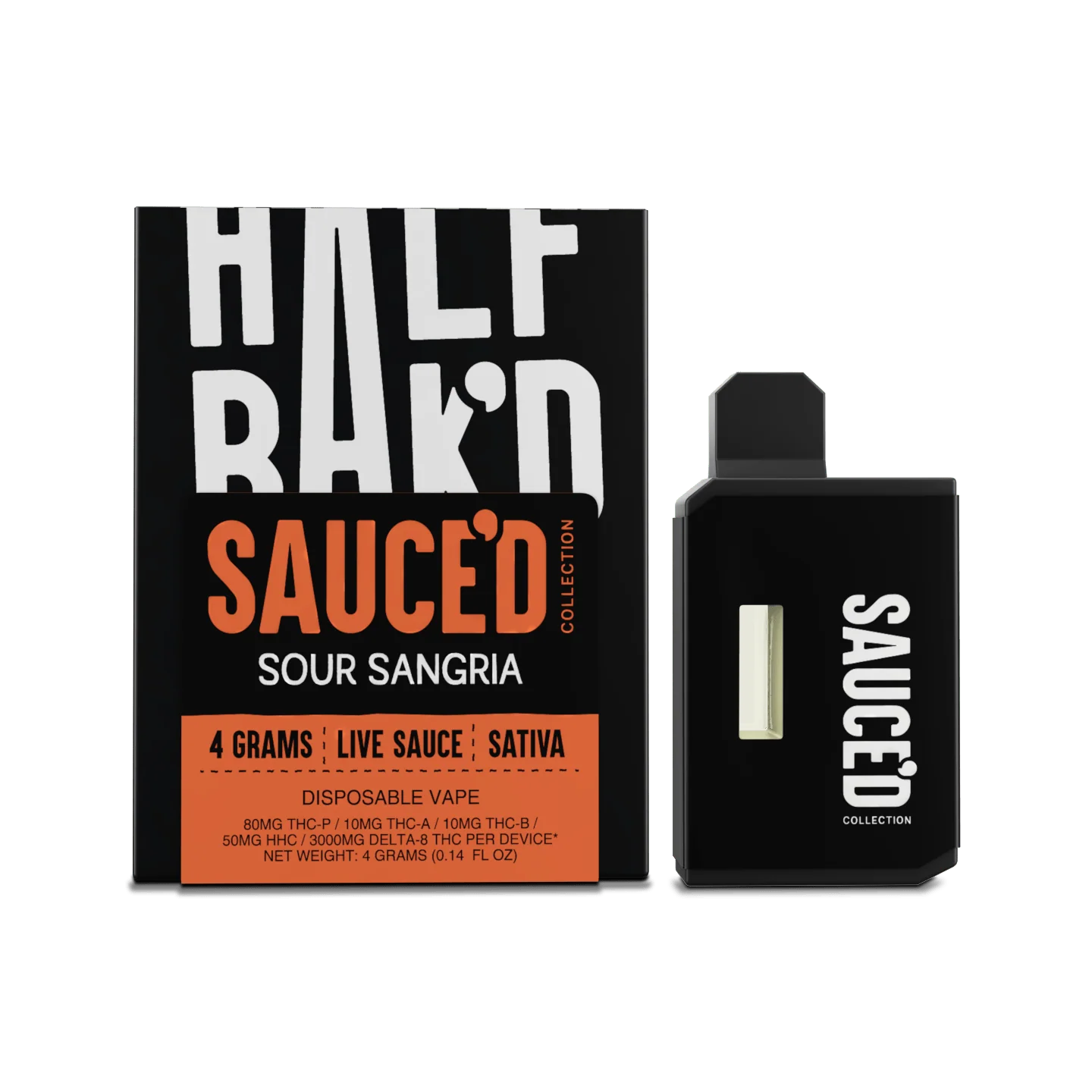 Half Baked Live Sauce D9 THC-P THC-B disposables Sour Sangria flavor in 4-gram vape packaging.