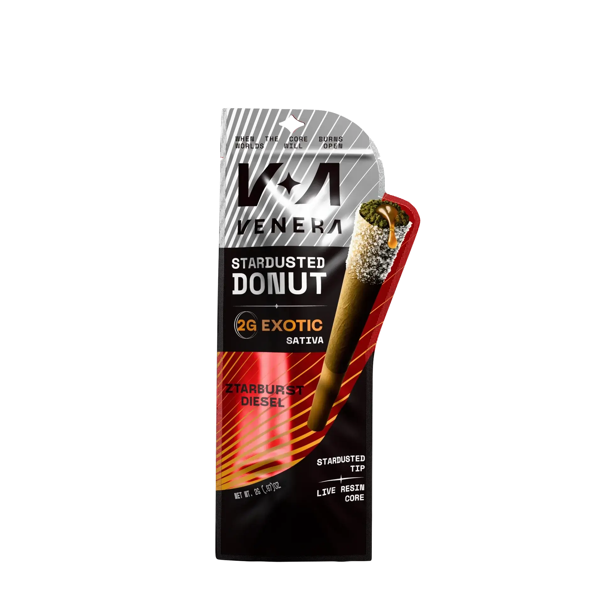 Venera Stardusted Donut Pre-roll packaging featuring a unique stardusted coating and exotic strain information.