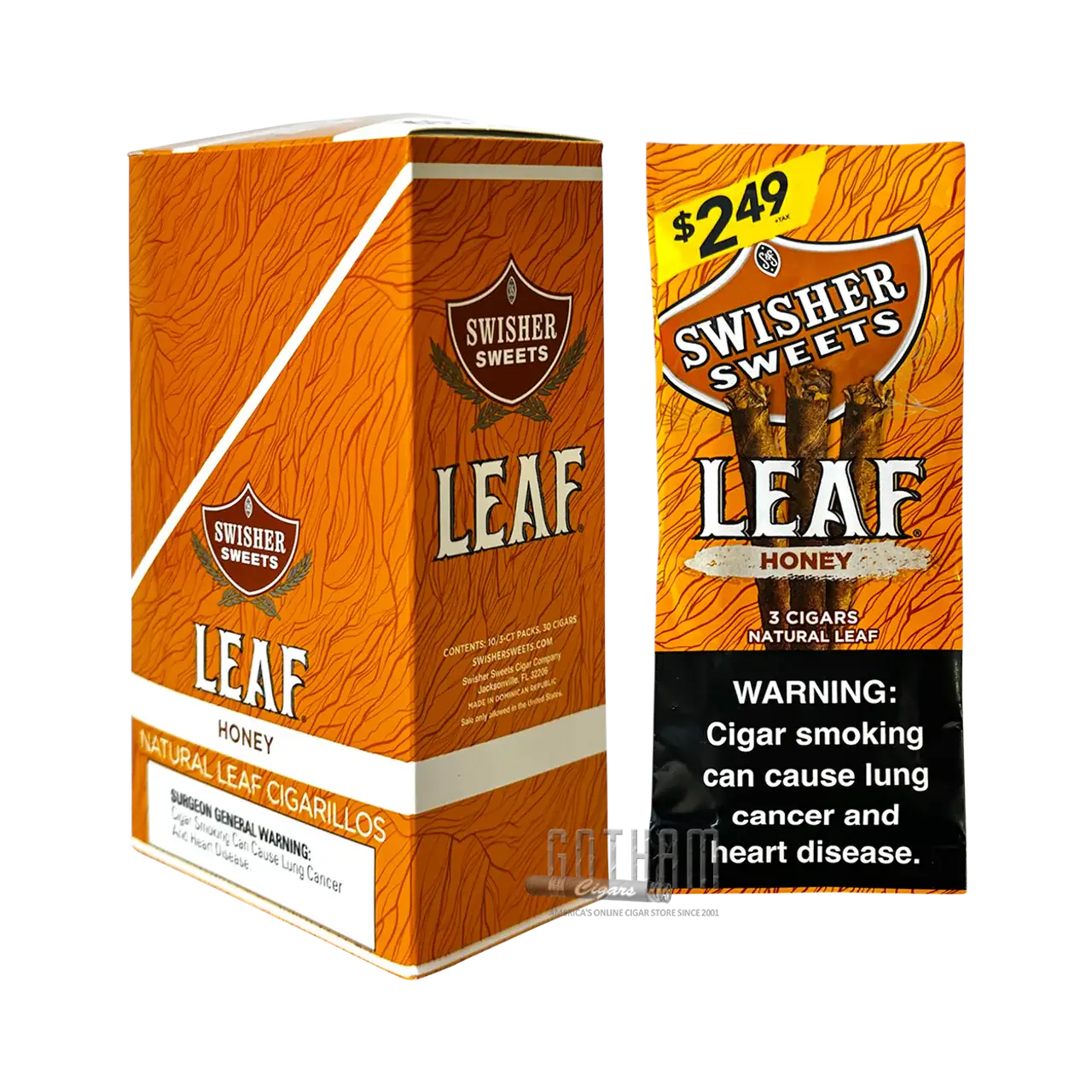 Swisher Sweets Leaf Honey cigars pack featuring natural leaf cigarillos with health warning.