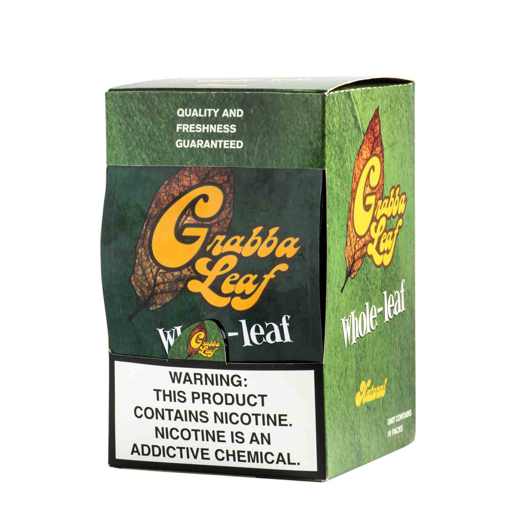 Grabba Leaf Whole Leaf tobacco product box, 100% natural and chemical-free, with warning about nicotine.