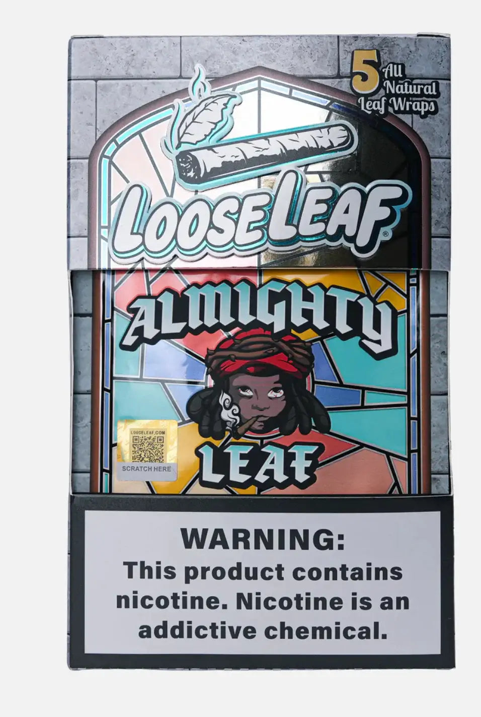 Loose Leaf Natural Leaf Wraps pack showcasing smooth texture and earthy flavor, 5 wraps, with warning about nicotine content.