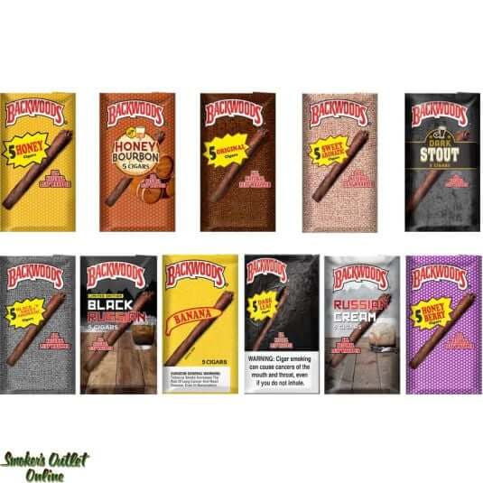 Variety of Backwoods Cigars packs including Honey, Honey Bourbon, and Original flavors, offering a rustic smoking experience.