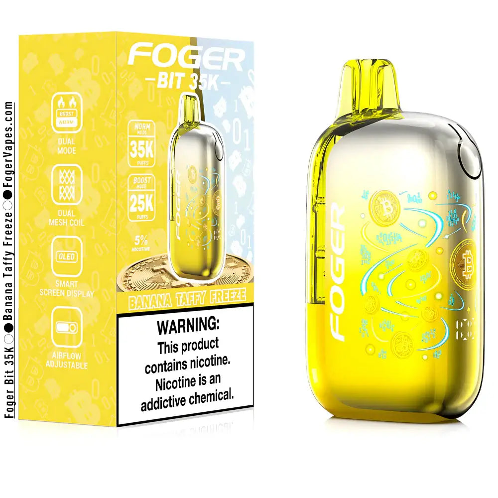 Foger BIT 35K Disposable Vape in Banana Taffy Freeze flavor with adjustable airflow and dual mesh coil.