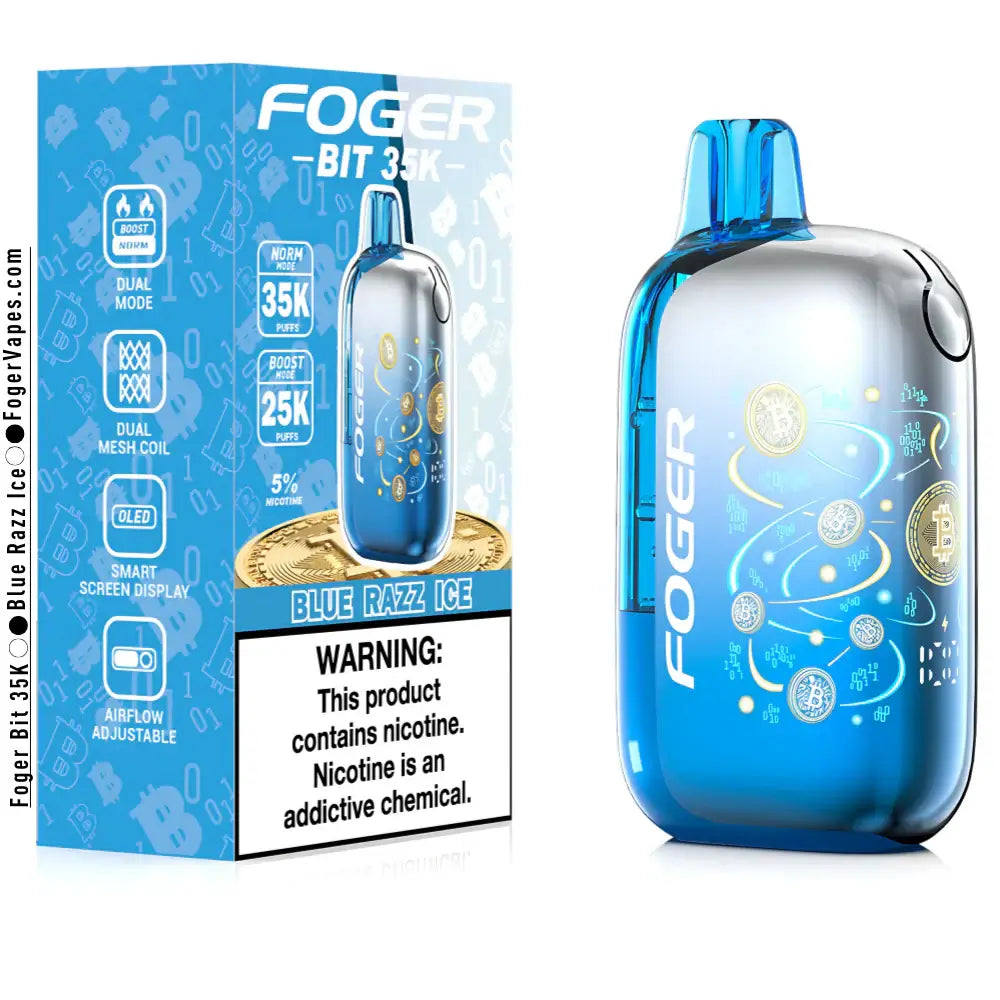 Foger BIT 35K disposable vape in Blue Razz Ice flavor with bold design and packaging, offering 35,000 puffs.