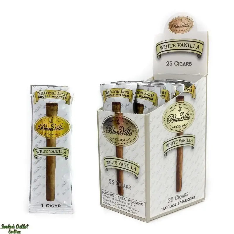 Bluntville White Vanilla Cigars 1-Pack and 25-Pack in foil packaging for freshness and smooth smoking experience.