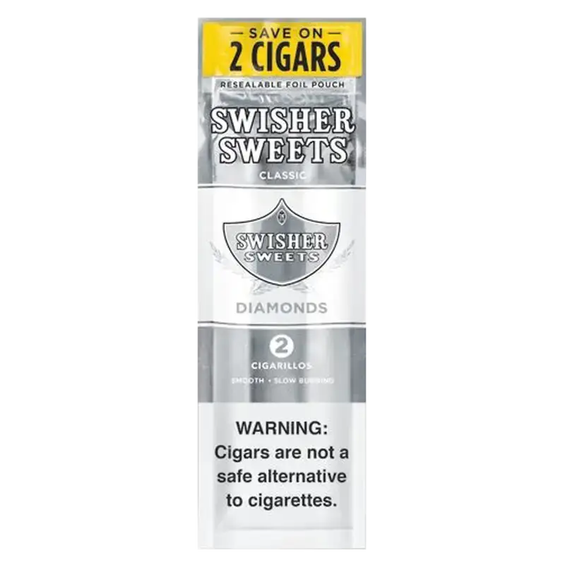 Swisher Sweets cigarillos 2-pack in resealable foil pouch, featuring smooth, classic flavor since 1958.