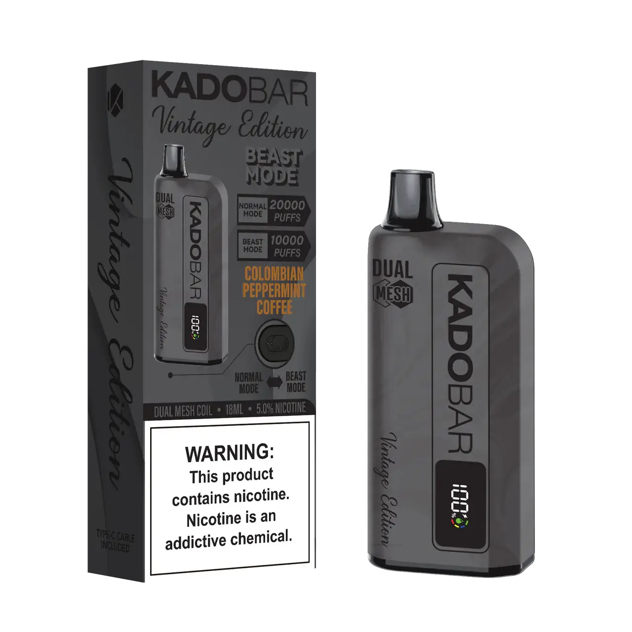 Kado Bar Vintage Edition disposable vape with dual mesh coil, 20,000 puffs, featuring Colombian Peppermint Coffee flavor.