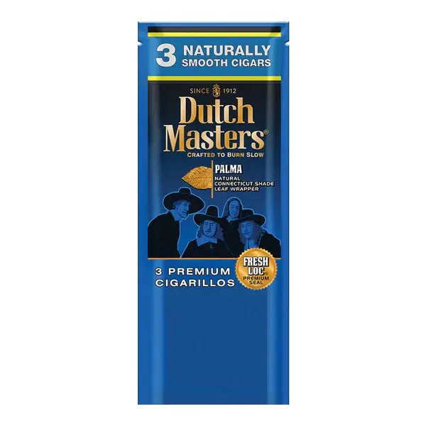 Dutch Masters Premium Cigarillos Palmas pack, featuring 3 naturally smooth cigars in Connecticut shade wrappers.