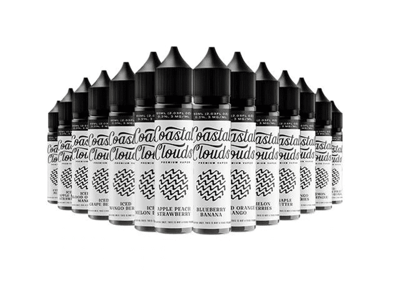 Array of Coastal Clouds Premium E-Liquid 60ML bottles, showcasing various flavors for vapers.