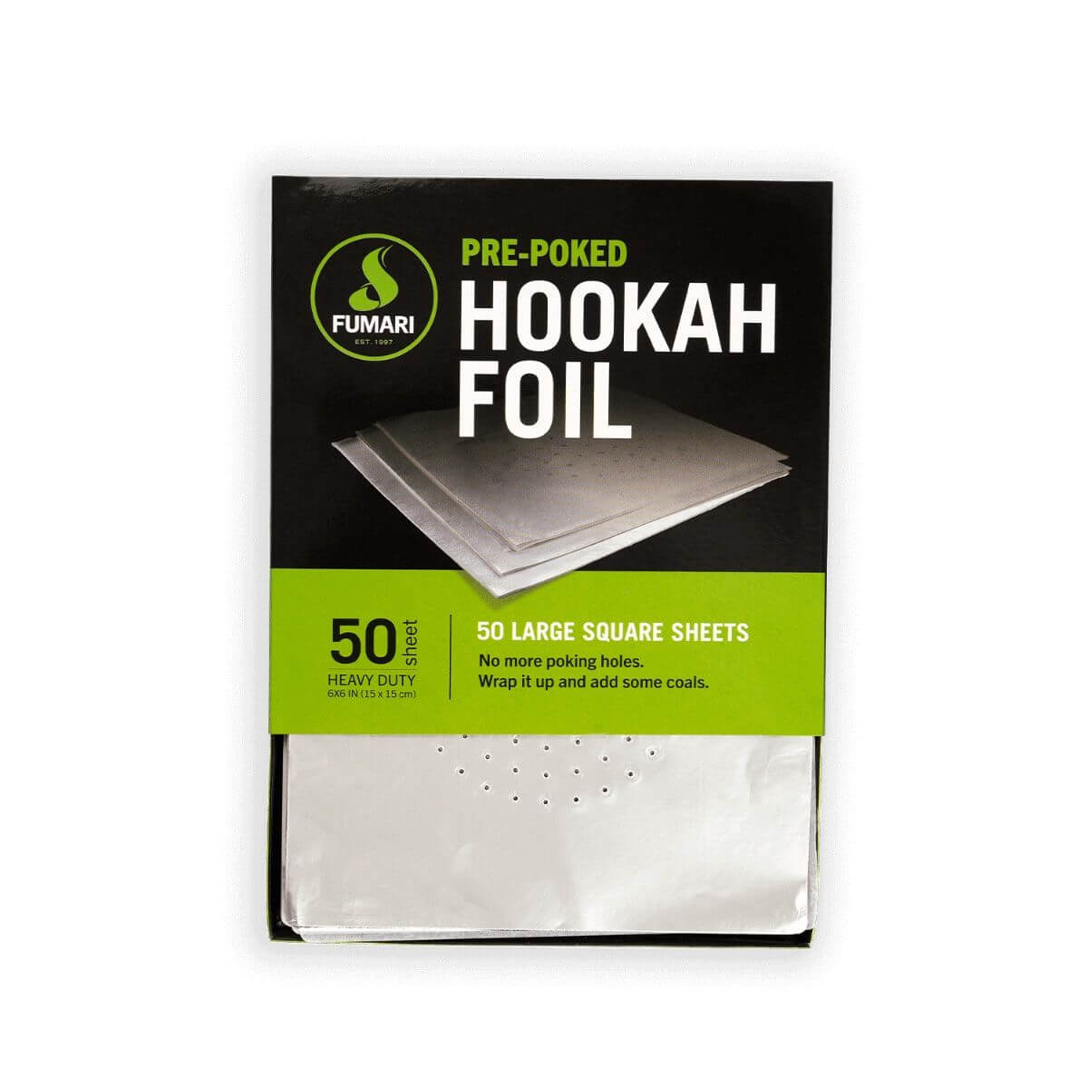 Fumari pre-poked hookah foil sheets pack containing 50 large square heavy-duty sheets for easy hookah preparation.