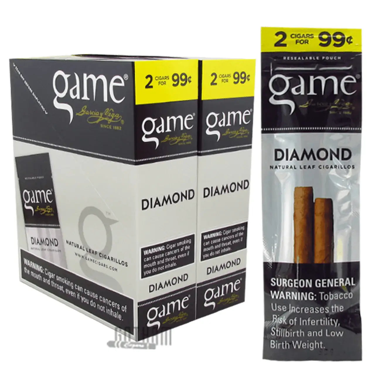 Game Cigarello 2 Pack by Garcia y Vega, featuring silky smooth flavor and foil-fresh packaging for ideal freshness.