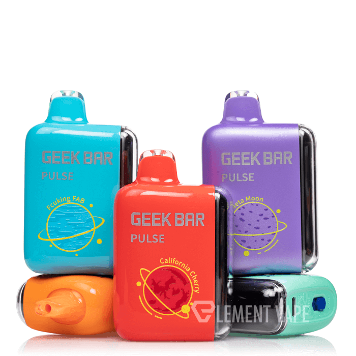 Geek Bar Pulse disposable vapes in various colors featuring bold flavors and dual mode power.