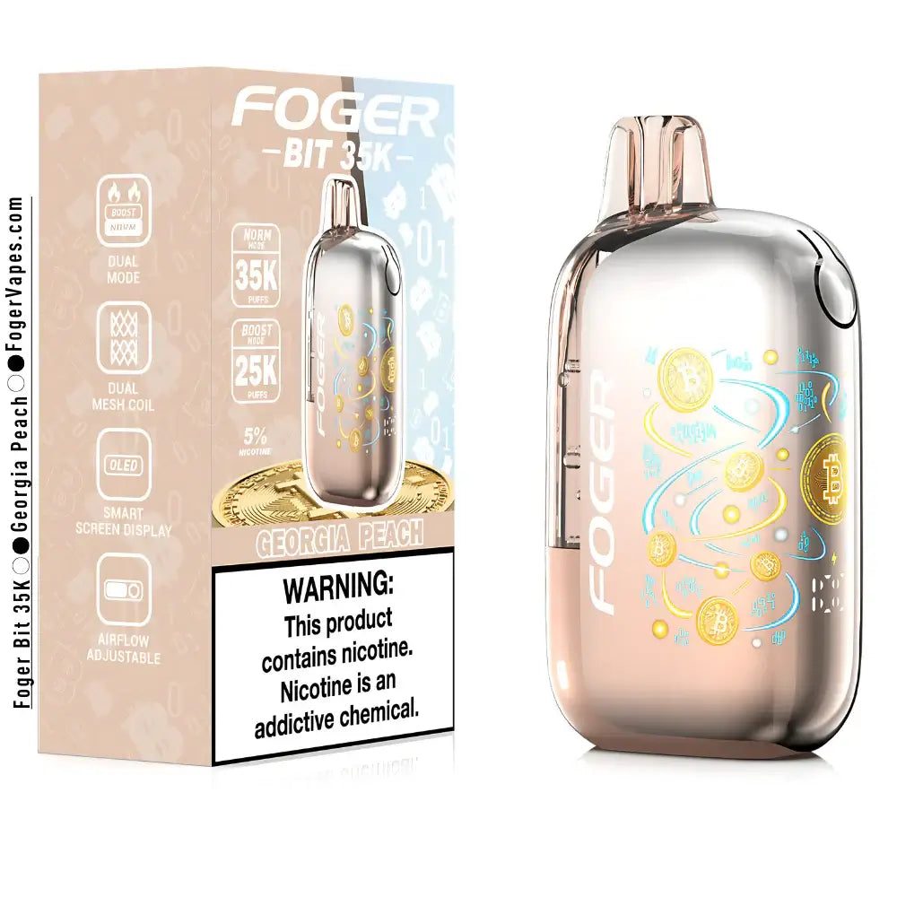 Foger BIT 35K Disposable Vape with Georgia Peach flavor, featuring adjustable airflow and a sleek design.