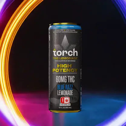 Torch THC Blue Razz Lemonade can, infused with 60MG THC, vibrant design in a colorful background.