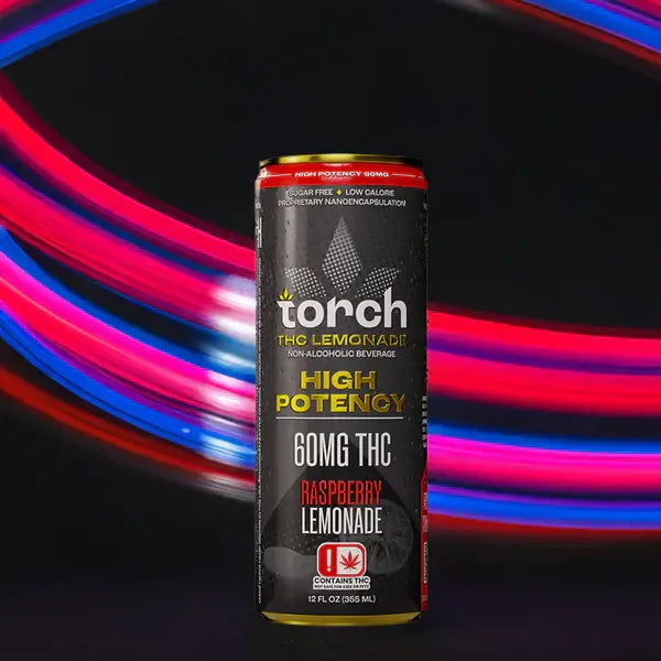 Torch THC Raspberry Lemonade can with 60mg THC, showcasing vibrant graphics and a non-alcoholic beverage option.