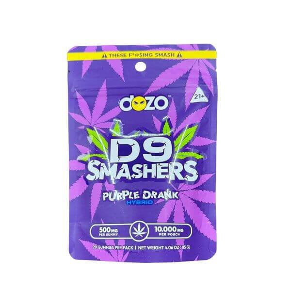 Dozo D9 Smashers Purple Drank hybrid gummies 500mg per piece, 20 pack, cannabis-infused edibles for experienced users.