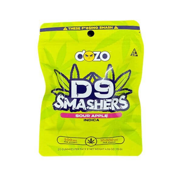 Dozo D9 Smashers Sour Apple gummies pack featuring 500mg per gummy and strain-specific live resin.
