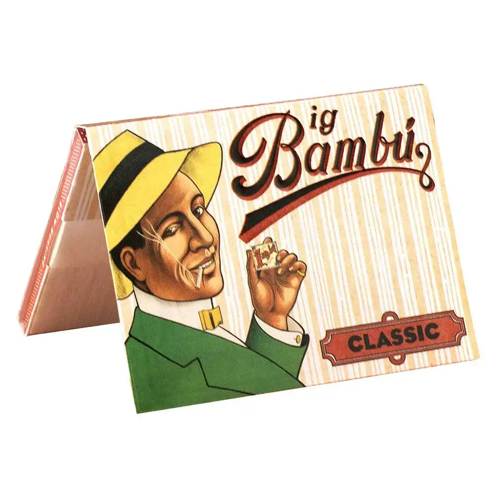 Big Bambu rolling papers package featuring classic design and vintage character illustration.