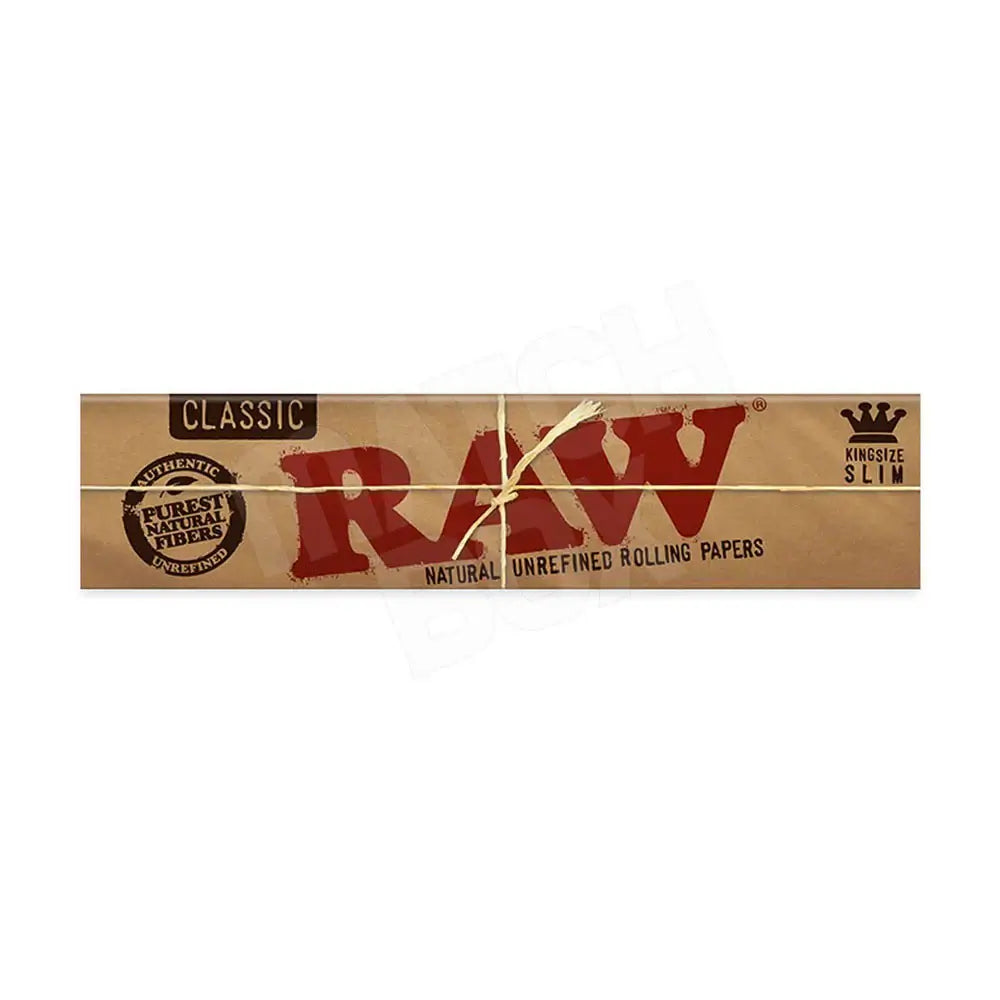 RAW Classic Natural Unrefined Rolling Papers, Kingsize Slim, made from pure natural fibers.