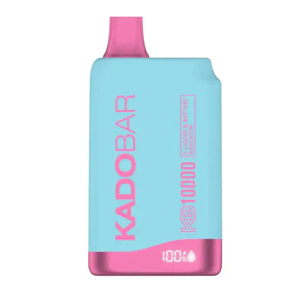 Kado Bar KB10000 disposable vape in blue and pink design with a 10,000 puff capacity, rechargeable battery indicator.