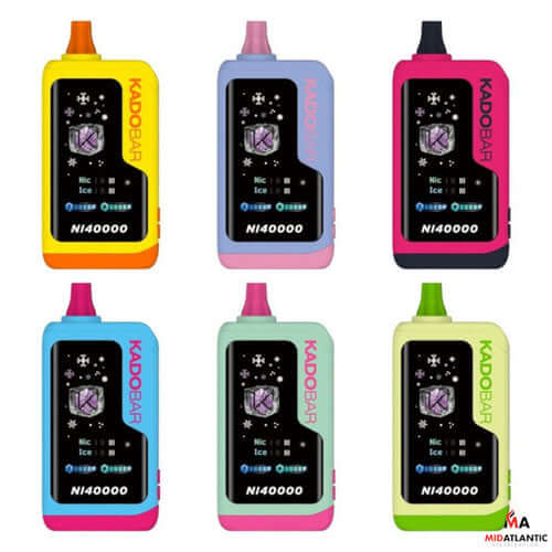 Kado Bar disposable vape device collection featuring multiple colors, designed for up to 40,000 puffs of flavor.