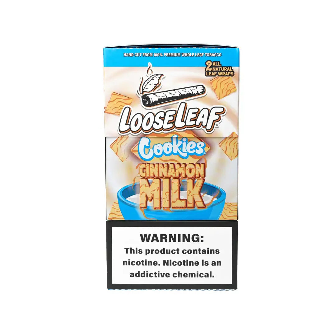 Loose Leaf Natural Leaf Wraps 2 Pack with Cinnamon Milk flavor and warning label about nicotine.