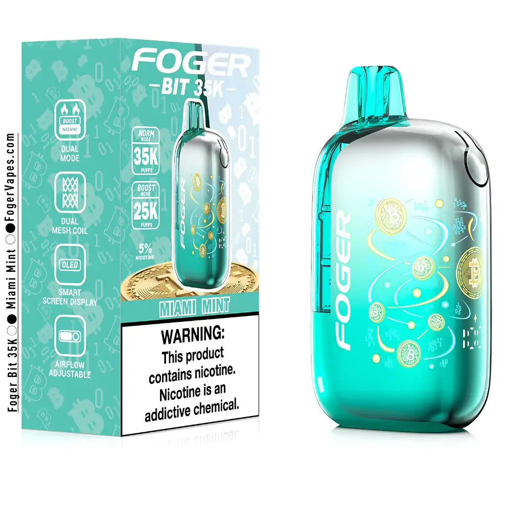 Foger BIT 35K disposable vape in Miami Mint flavor with adjustable airflow and smart display.
