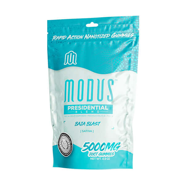 Modus Presidential Blend Gummies packaging featuring 5000mg total, Baja Blast flavor, and rapid-action nanotized cannabinoids.