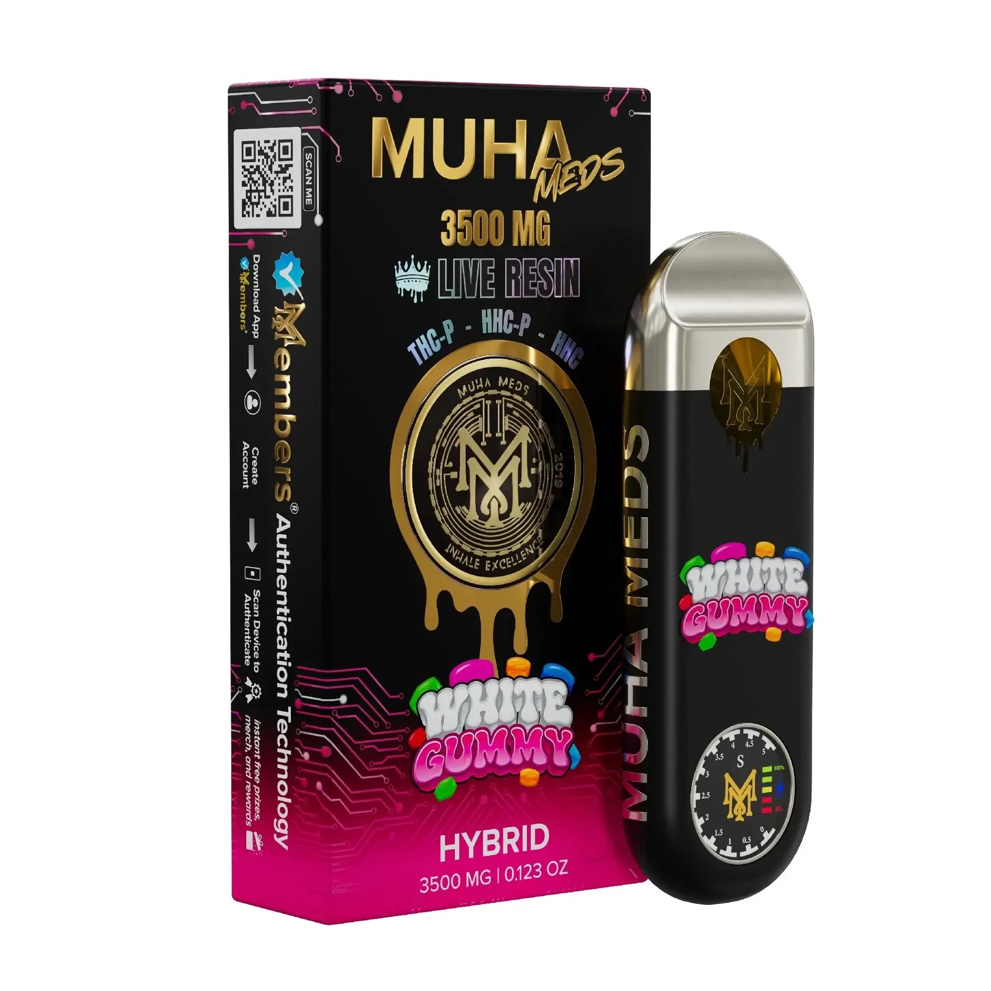 Muha Meds THC-P vape 3500mg Hybrid Live Resin with White Gummy flavor packaging and device.
